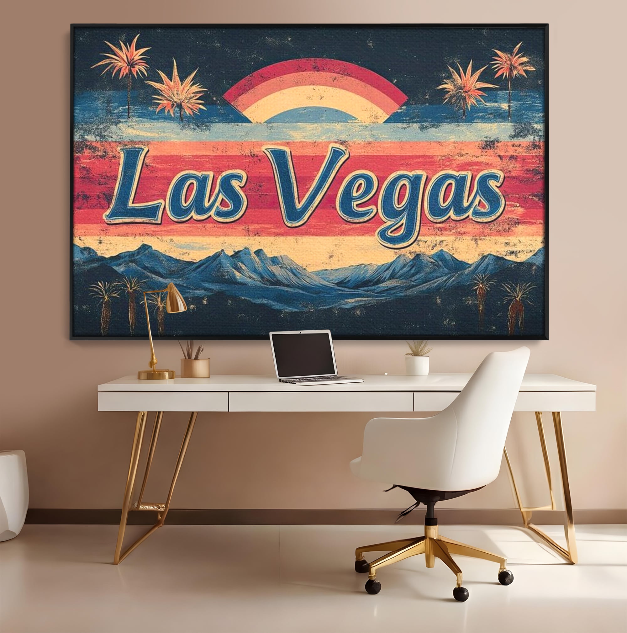 Tablou canvas cu ilustratie retro las vegas cu curcubeu si munti, in rama de aluminiu negru, pe perete intr-un birou